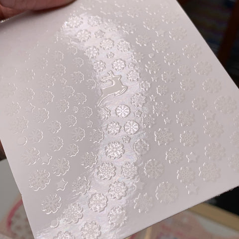 Dynamic Nail Supply offers a bundle of 20 pieces of Christmas nail stickers for $30, featuring glossy, clear designs like snowflakes, stars, and reindeer. These stickers reflect light for a subtle shimmer. A hand holding the sheet provides a sense of scale against a blurred background that hints at a colorful surface beneath, making them perfect for holiday crafts!