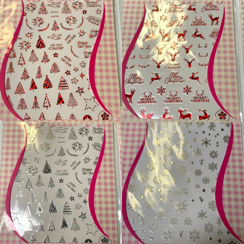 Introducing the Bundle of 20pcs Christmas Nail Stickers from Dynamic Nail Supply for $30, featuring festive designs: red trees and deer on the top left, red and gold "Merry Christmas" text with reindeer on the top right, silver trees and stars on the bottom left, and silver snowflakes on the bottom right, all set against a pink checkered background.
