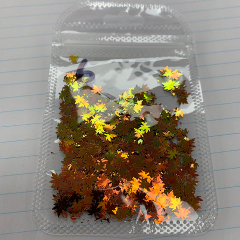 A small bag from Dynamic Nail Supply containing color-shifting glitters in the shape of metallic, multicolored maple leaves, ideal for autumn-themed nail art. These glitters feature reflections of gold, orange, and green, and are displayed on a lined notebook page with a handwritten number 6 in the top left corner.