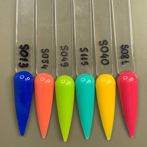 Six swatches of Summer Collection Part 4 - Acrylic Powder by Dynamic Nail Supply are displayed on clear sticks, featuring safe, non-toxic colors: dark blue, coral, lime green, teal, yellow, and pink. Each stick is marked with a black serial number label over a stylish olive green background. Ideal for eco-friendly nail enhancements that don't sacrifice quality.