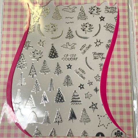 Introducing the Bundle of 20pcs Christmas Nail Stickers by Dynamic Nail Supply for $30. This collection includes a plastic sheet filled with festive nail art stickers in designs such as Christmas trees, stars, snowflakes, and holiday messages like "Merry Christmas" and "Happy New Year," all set against a delightful pink and white checkered background.