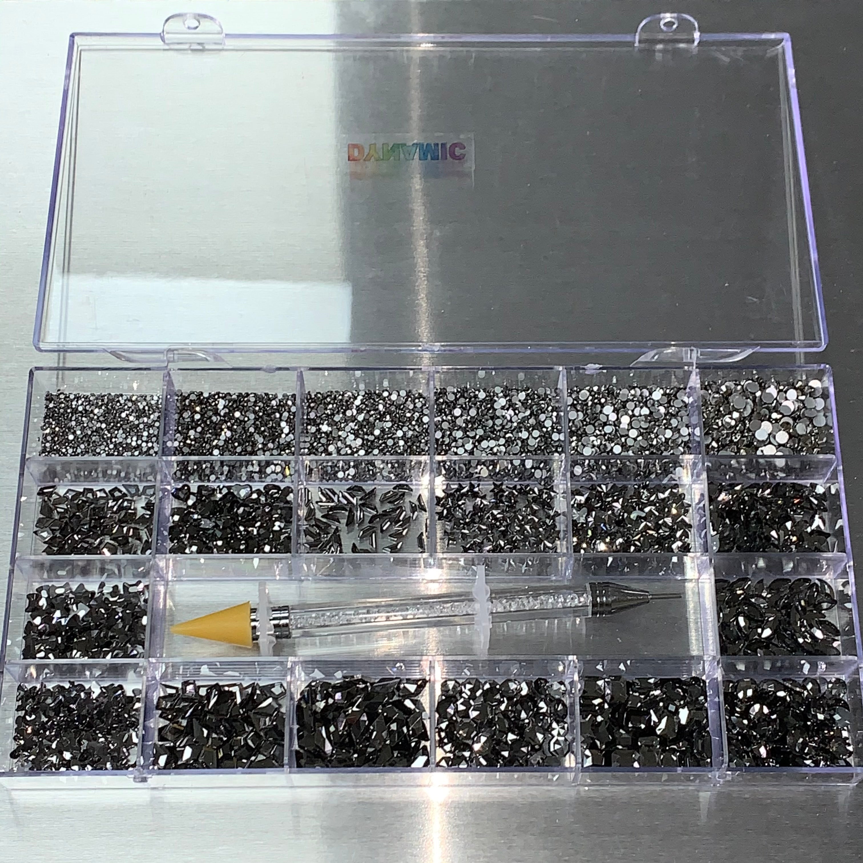 Gun Metal color Rhinestones set - 20 cells - 14 big shapes and 6 round ...