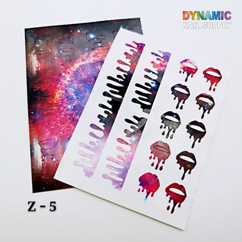 Explore the captivating nail art decals from Dynamic Nail Supply's Hot Designs collection. One sheet offers a stunning galaxy theme, while the other showcases lips stickers with eye-catching dripping effects in red, purple, and black. Ideal for creating unique nail decorations, each sheet is marked with the code Z-5 in the bottom left corner.