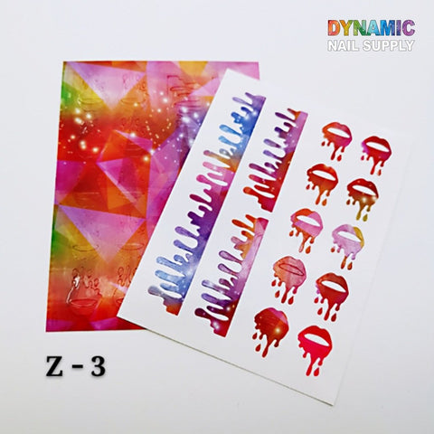 Discover the vibrant Hot Designs set by Dynamic Nail Supply, which includes a large multicolored sheet and a smaller one showcasing red dripping lips stickers and rainbow designs. The top right corner proudly displays the Dynamic Nail Supply logo, with "Z-3" elegantly printed in the bottom left. Ideal for creative nail art decoration!