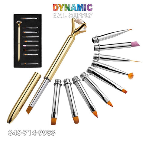 Introducing the Nail Art Pen Brush Metal Crystal Replace Heads Flat Line Flower Drawing Painting Manicure Tool from Dynamic Nail Supply. This set includes dynamic brushes and manicure tools with interchangeable silver handles and various brush tips. The main brush features a striking gold handle adorned with a gem-like end. Additional tips are conveniently housed in a sleek black case. "Dynamic Nail Supply" is inscribed on the case, with the contact number 346-714-9983 displayed below for easy reference.