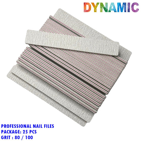 A stack of square nail files with a pink and white striped edge design, branded with "Dynamic" in rainbow colors. The package text reads: "Professional Jumbo Nail Files - 25 Pieces" with a grit level of 80/100 indicated in blue. These durable, washable emery boards are ideal for shaping acrylic nails and are displayed fanned out to highlight their textured surfaces.