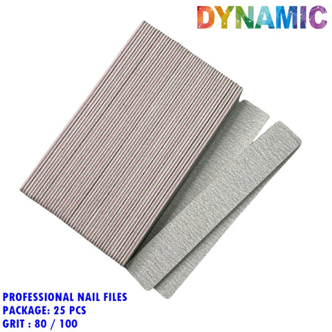 The image features a set of professional, reusable nail files. Two gray files with striped edges are prominently displayed, perfect for shaping acrylic nails. The vibrant logo of Dynamic Nail Supply shines at the top. Text in the corner indicates: Strong and Hard Professional Jumbo Nail Files, Package: 25 PCS, Grit: 80/100 Square.