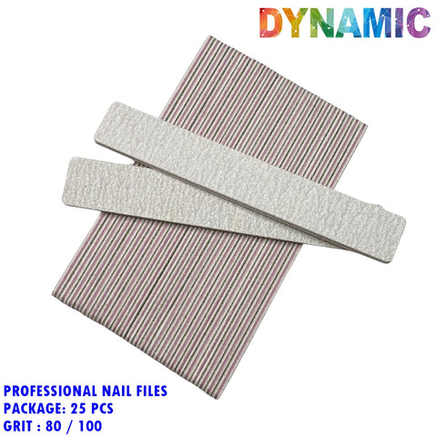 The image shows two rectangular white nail files with a textured surface set against a striped pink and white background. The colorful text "Dynamic Nail Supply" appears at the top right, while the bottom left reads: "Strong and Hard professional Jumbo nail files (25 pcs) grit 80/100 Square" in blue. These reusable nail files are perfect for shaping acrylic nails.