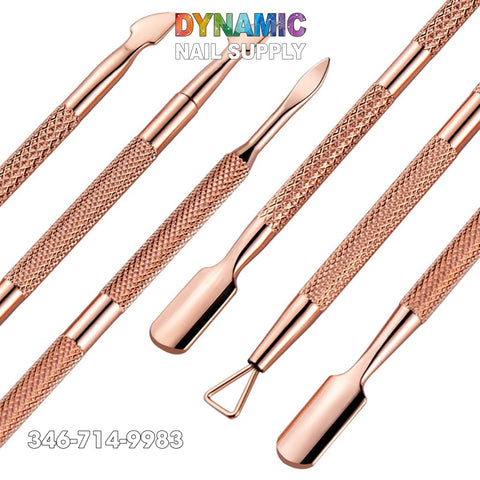 Close-up image showcasing six dual-ended rose gold nail art tools, each crafted from stainless steel with textured handles. This set includes cuticle pushers, a scraper, and a triangular loop tool. The Dynamic Nail Supply logo is prominently displayed in vibrant text at the top, with their phone number 346-714-9983 in white at the bottom left corner.
