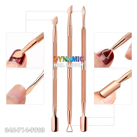 Displayed vertically are three nail tools in elegant rose gold, designed for nail art with textured grips. The insets feature close-up views of each tool’s application: pushing back cuticles, cleaning under nails, and smoothing nail edges. Prominently centered is "Dynamic Nail Supply," with the contact number 346-714-9983 positioned at the bottom left. These tools are part of the Dual-ended Rose Gold Nail Art Cuticle Pusher Manicure Pedicure Stainless Steel collection.
