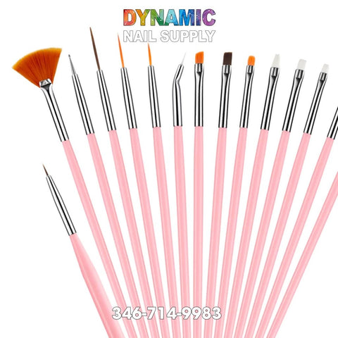 Introducing the Nail Art Drawing Design Dotting Liner Painting Pen Set by Dynamic Nail Supply. This set includes 15 nail art brushes with pink handles, featuring a variety of tips such as fan, flat, angled, and pointed shapes for precision in liner painting and dotting pen designs. The brushes are displayed in a stylish fanned arrangement beneath the vibrant "Dynamic Nail Supply" logo. For inquiries, please contact us at 346-714-9983.