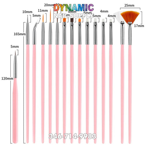 This 15-piece Nail Art Drawing Design Dotting Liner Painting Pen Set from Dynamic Nail Supply features pink-handled brushes equipped with dotting pens and sizes ranging from 5mm to 25mm for various liner painting techniques. The set includes fan, flat, and angled brush styles, each clearly labeled with its measurements. The top displays "Dynamic Nail Supply" in vibrant lettering. For inquiries, contact us at 346-714-9983.