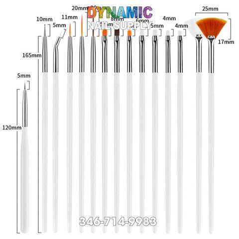 The image showcases the Nail Art Drawing Design Dotting Liner Painting Pen Set by Dynamic Nail Supply, featuring 15 brushes with white handles. Each brush is labeled with measurements ranging from 5mm to 25mm for precision and includes a variety of shapes such as fine, angled, flat, and fan. The brand name Dynamic Nail Supply and a contact number are prominently displayed above.