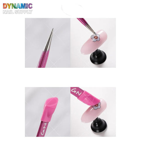 Nail art tutorial image: Top left features a fine pink brush, while the top right shows a pink nail with a white flower decal being applied. The bottom left highlights the Nails Art Tweezer Double-Head with Multi-Purpose Use for Manicure and Nails Design. The bottom right showcases the finished nail art with the flower, all under the Dynamic Nail Supply logo.