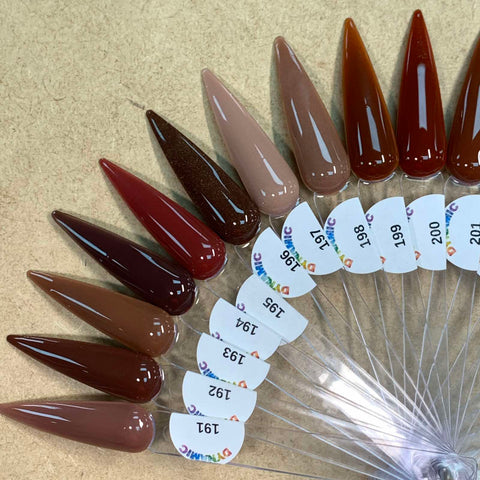 The 2024 New Fall Colors Acrylic Collection (Part 1) by Dynamic Nail Supply presents a fan-shaped nail polish palette that features a range of brown and beige hues, ideal for nail art. Each teardrop-shaped sample, numbered from 191 to 200 and mounted on a clear stick, provides a chip-resistant finish from light beige to dark brown, with both glossy and metallic options.